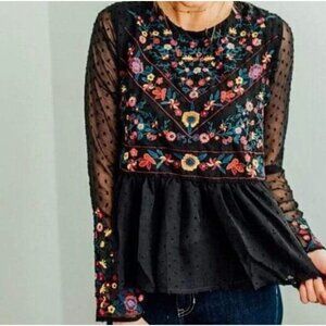 Whimsigoth Black Peplum Blouse Embroidered Flowers Swiss Dot Sheer Sleeves‎